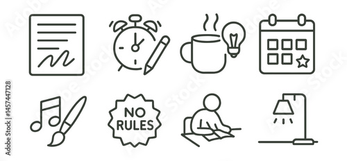 Line style icons of creative rituals and habits: morning page sheet, daily sketch alert, coffee and idea lamp, creative calendar icon, playlist and brush symbol, “no rules” art badge, journaling at