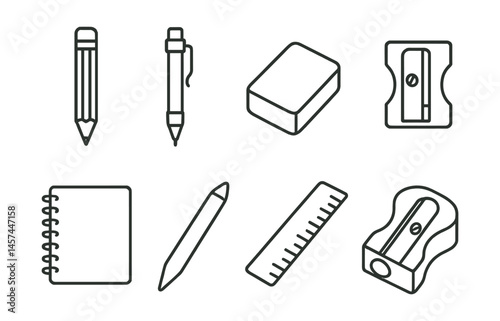 Line style icons of creative curiosity: wide-eyed sketch, notebook full of tabs, question cloud and arrows, why-how tree, curiosity telescope, hidden layer icon, unfolding page shape, seek and sketch