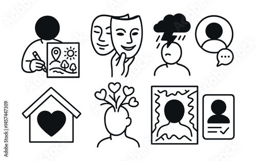 Line style icons of emotional self-expression: “my world” drawing, layered identity mask, feeling storm sketch, quiet bubble icon, “safe space” symbol, emotion tree icon, internal chaos frame,