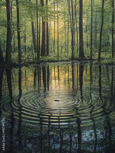 Still water of a hidden forest pond reflecting the surrounding trees, a single ripple disturbs the glassy surface 
