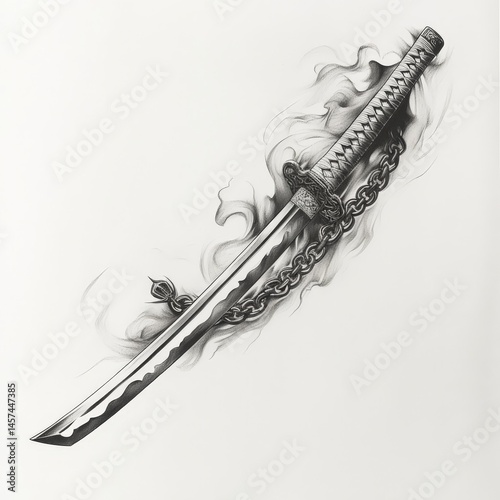 katana, draw, asian, cut, Japan, smoke, black and white, chain, weapon