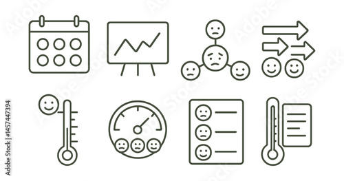 Line style icons of emotional tracking tools: mood calendar page, energy line graph, feeling map board, “how I felt” arrows, color-to-emotion slider, feeling gauge icon, emoji scale sheet, journaling