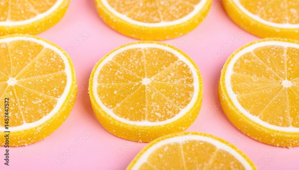 Brightly colored lemon slices, dusted with sugar, create a vibrant and refreshing composition against a pink background, evoking a cheerful summertime feel. Brightly colored lemon slices, dusted with sugar, create a vibrant and refreshing composition against a pink background, evoking a cheerful summertime feel.