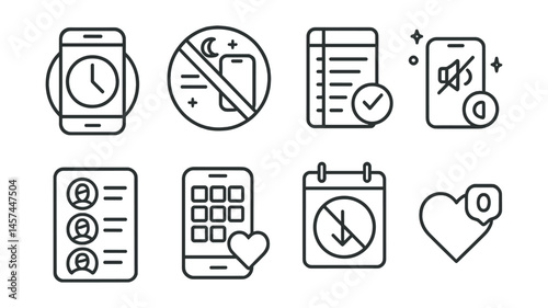 Line style icons of social media balance: “one hour only” phone icon, no scrolling after 9 badge, mindful posting schedule, quiet feed mode, curated follow list, value-based media grid, scroll-free