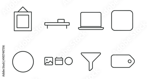 Line style icons of visual decluttering and calm: clear wall with one frame, single shelf setup, open desktop icon, white space badge, calm color circle, simplified icons row, “less input” filter,