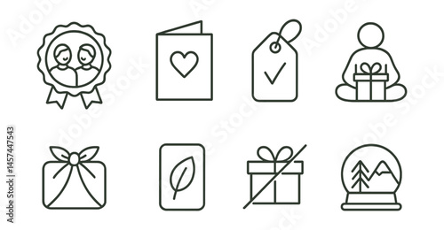 Line style icons of intentional gifting: shared time badge, handmade card icon, useful and wanted tag, gift of presence icon, zero-waste wrap symbol, gift from nature card, no obligation present,