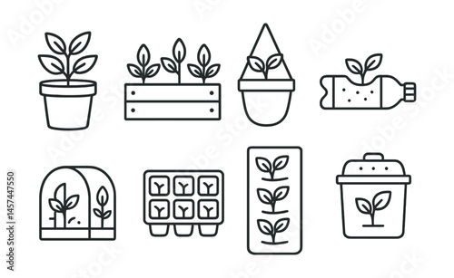 Line style icons of mini-garden elements: ceramic herb pot, wooden plant box, hanging terracotta pot, recycled bottle planter, pocket greenhouse icon, starter seed tray, vertical grow bag, mini