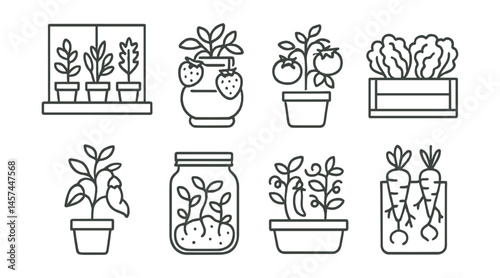 Line style icons of edible mini-gardens: windowsill herbs, strawberry pot icon, tomato bucket, lettuce in box frame, chili pepper plant, sprouts in a jar, mini trellis peas, root veggie tube.