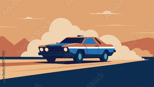 Highway Pursuit A depiction of a police car with its shadows lengthening racing along an open highway with dust flying behind its tires and lights on.
