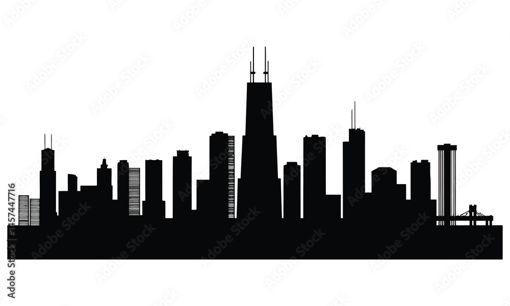 Obraz premium Chicago City Skyline Silhouette, Black Urban Skyline Vector Isolated on White