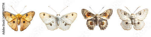 Set, group, collection of a moth isolated on a transparent background.