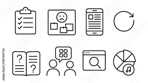Line style icons of tech use reflection tools: “how tech helps me” list, “when I feel worse” board, screen diary page, weekly review circle, three questions journal, support talk about apps, content