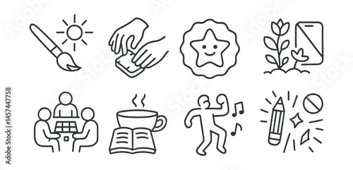 Line style icons of screen-free hobbies and joys: paintbrush + sun icon, hands-on activity icon, play and laugh badge, garden with phone off, board game with friends, journal and tea image, dance