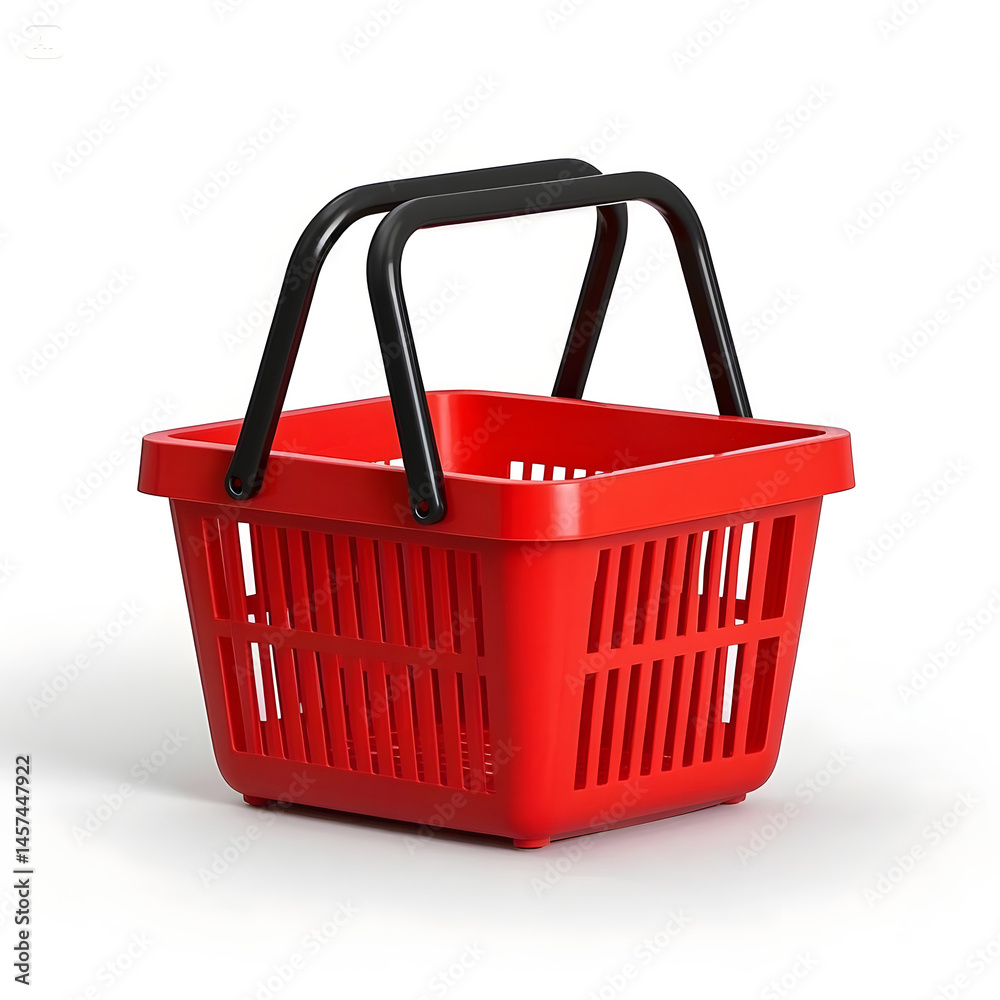 Fototapeta premium Red plastic shopping basket with black handles isolated on a white background