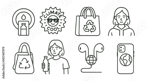 Line style icons of eco-friendly youth habits: borrow not buy sticker, refill station icon, “climate cool” badge, zero-waste starter bag, teen with metal bottle icon, less is more hoodie, earth-aware