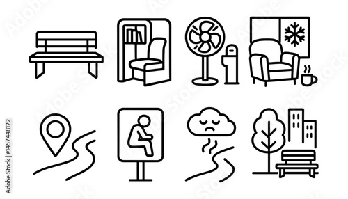 Line style icons of rest and recovery spaces: pause point bench, mini open library seat, cooling station with fan, warm corner during winter icon, walk-and-stop route tag, “it’s okay to sit” board,