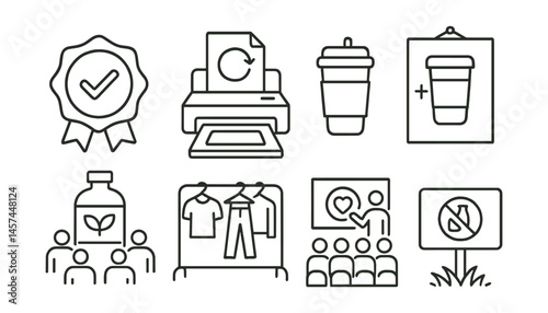 Line style icons of ethical campus habits: ethical merch badge, print + reuse tray, bring your own cup poster, group eco-refill bottle, shared fashion rack, event with values icon, conscious