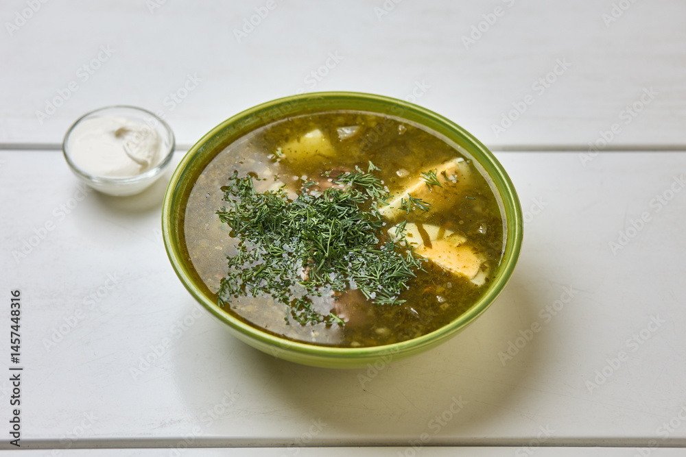 Traditional green sorrel soup with herbs and egg