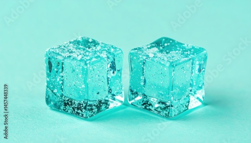 Two vibrant blue ice cubes rest on a pastel teal surface, showcasing their crystalline structure and refreshing coolness.
