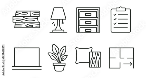 Line style icons of intentional school design: natural material floor, soft light lamp icon, storage with labels, essential-only supply list, open wall space, plant for air + calm, warm textures +