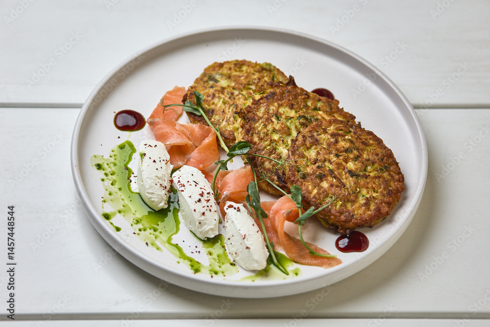 Zucchini fritters with smoked salmon and cream cheese