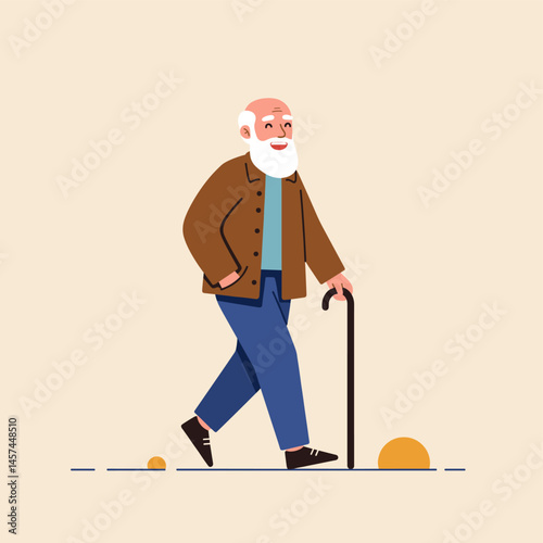 Senior Stroll: An elderly man with a white beard and cane embarks on a leisurely walk, embodying tranquility and the beauty of aging gracefully.