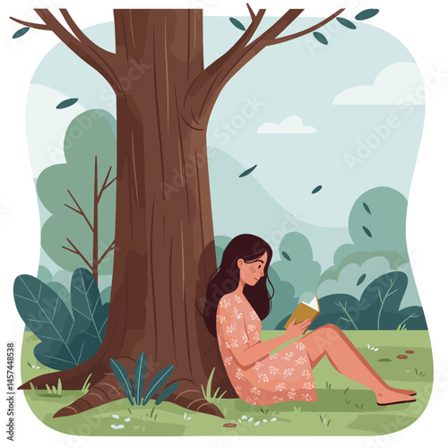 Under the Shade: a woman found serenity with her book, embraced by the shade of an ancient tree, immersed in a world of stories and imagination, a tranquil escape into literary bliss.