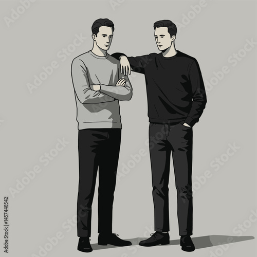Two Elegant Individuals in Conversation: Two men stand in a poised posture, engaging in an animated conversation, the light and shadow accentuate their features and the clean lines of their attire.