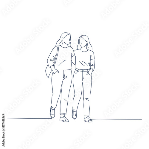 Friendly Stroll: A simple line drawing captures two figures, arm in arm, on a leisurely walk. Evoking themes of friendship, togetherness, and support, in a minimalist and timeless illustration.
