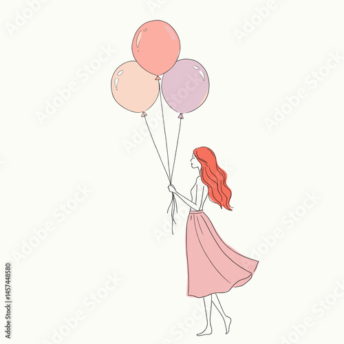 Girl with Floating Balloons: A captivating illustration of a woman holding a bunch of colorful balloons, conveying a sense of carefree joy and the magic of dreams.