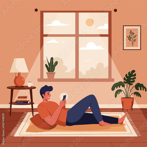 Leisure Daydream: A contented individual unwinds indoors, lost in the digital world of a smartphone, illuminated by a sunlit window, framed by plants and cozy decor.