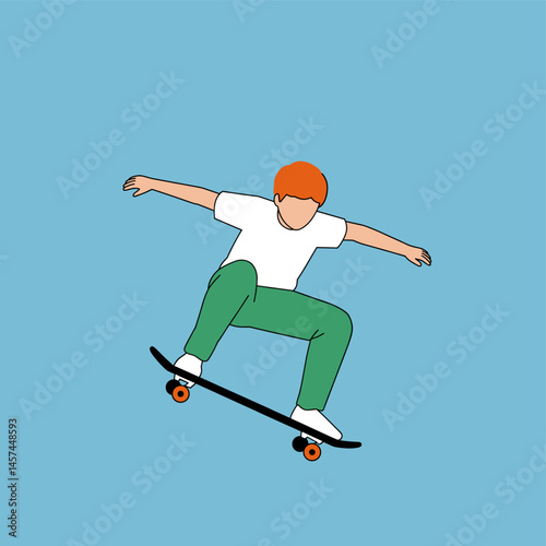 Skateboarder's Aerial Dance: An athlete performs a dynamic skateboard trick, showcasing a harmonious balance of motion, strength, and skill against a minimalist backdrop.