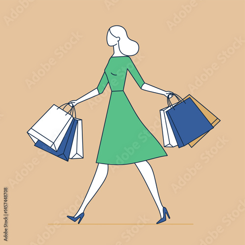 Retail Therapy: An illustration of a woman walking joyfully with shopping bags, embodying the essence of retail therapy.