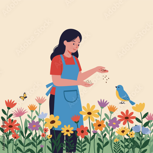 Woman Feeding Birds in Flower Garden: A young woman wearing an apron gently scatters seeds, feeding birds amidst a vibrant and colorful flower garden.  A cheerful illustration.