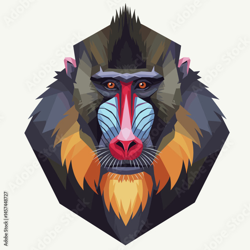 Geometric Mandrill Portrait: A stunning geometric illustration of a mandrill, showcasing vibrant colors and sharp angles, bringing the majestic primate to life in a contemporary art style.