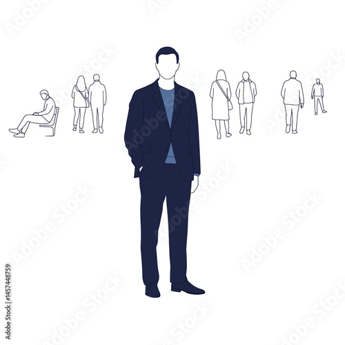 Businessman in a Crowd: A well-dressed man stands confidently in the foreground, while simplified line drawings of other people surround him.