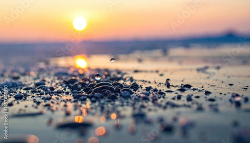 Golden hour illuminates a wet, rocky beach with glistening droplets and a tranquil ocean backdrop, evoking a serene coastal mood.