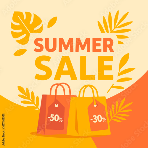 Summer Sale with Discount Bags and Tropical Leaves  