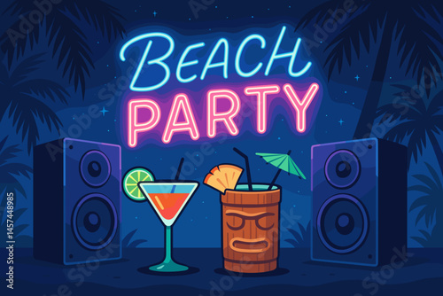 Neon Beach Party Vibes with Cocktails and Speakers at Night  