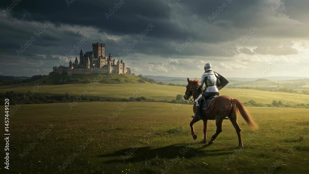 Knight in full armor riding horse across green field towards castle against dramatic sky with sunburst for medieval adventure story or historical drama.