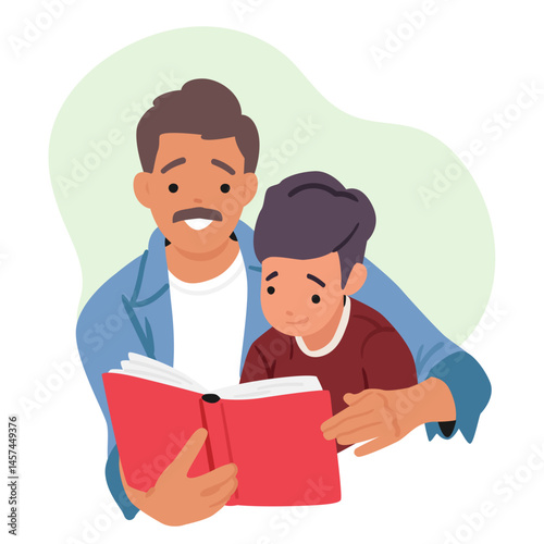 Family reading together portrait with happy father and son holding book and hugging cartoon scene