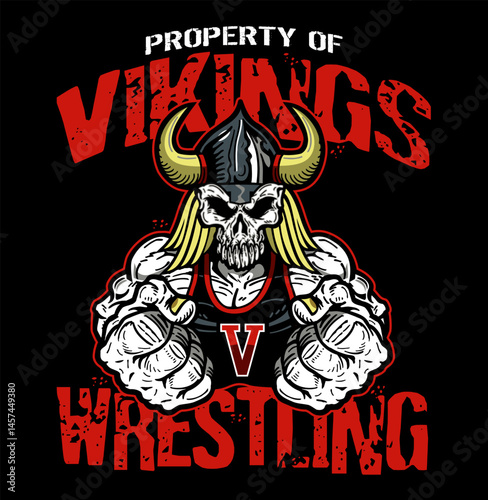 wrestling team design with muscular viking skull mascot for school, college or league sports