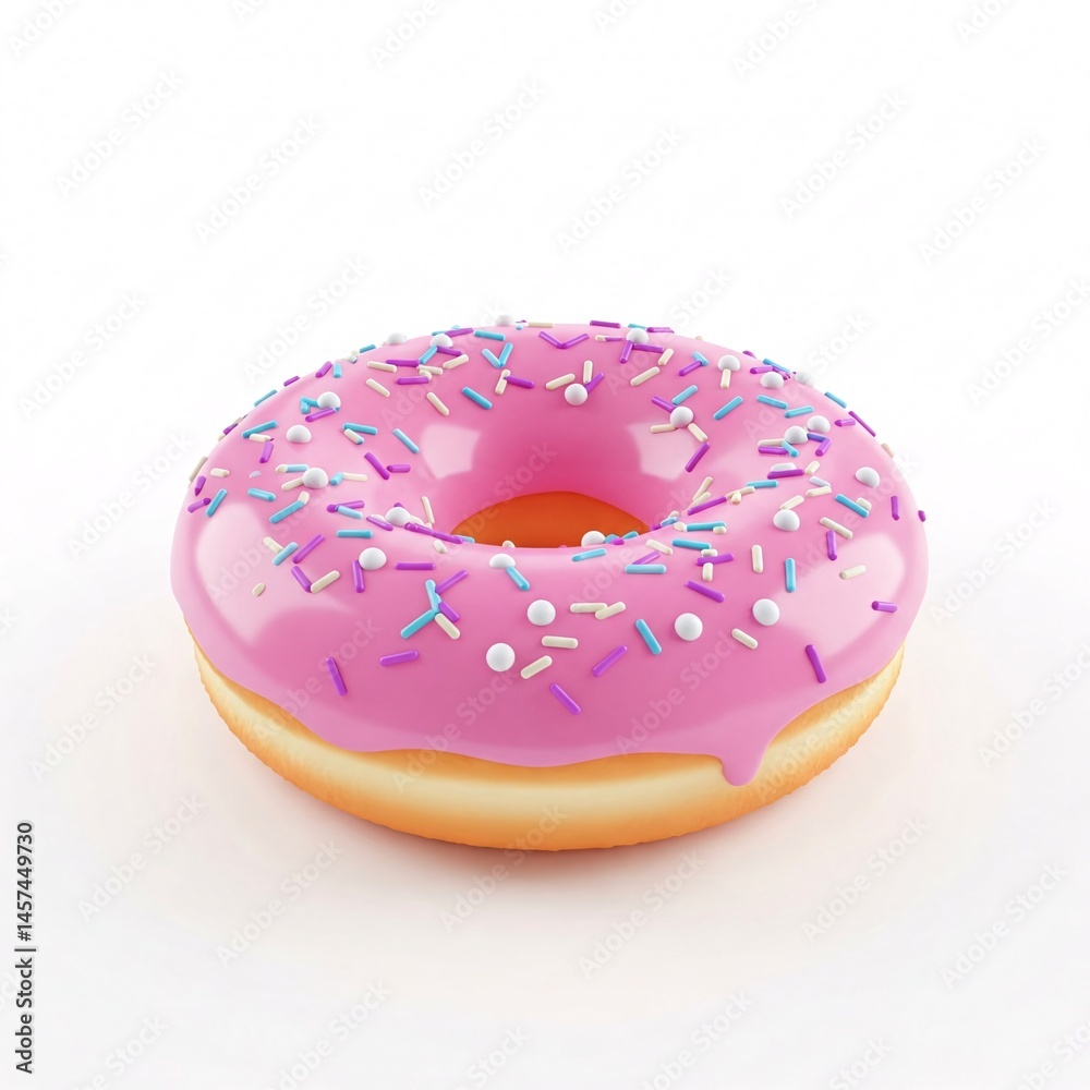 Donut round shape covered with pink glaze and colorful sprinkles, isolated on a white background Donut round shape covered with pink glaze and colorful sprinkles, isolated on a white background