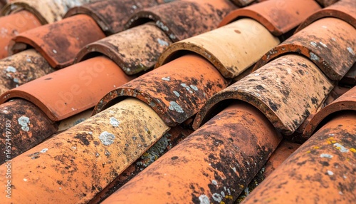 Weathered terracotta roof tiles display a textured surface, mottled with moss and lichen, evoking a rustic, aged charm.