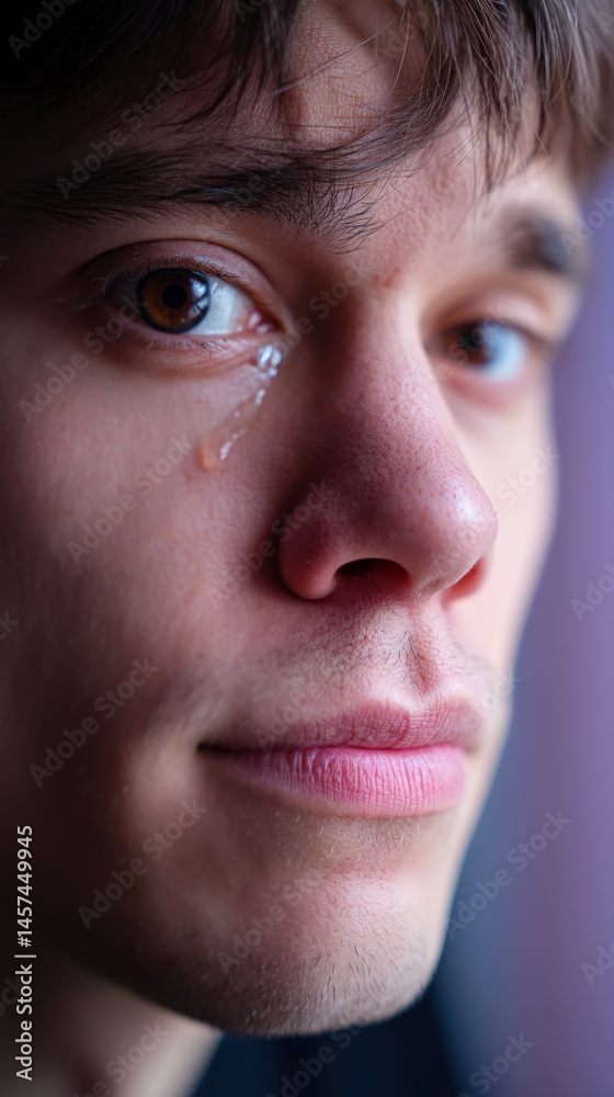 Emotional portrait of a young man with tearful expression and gentle lighting Emotional portrait of a young man with tearful expression and gentle lighting
