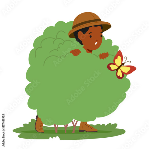 Little boy scout cartoon character hiding behind bush playing game during safari trip adventure