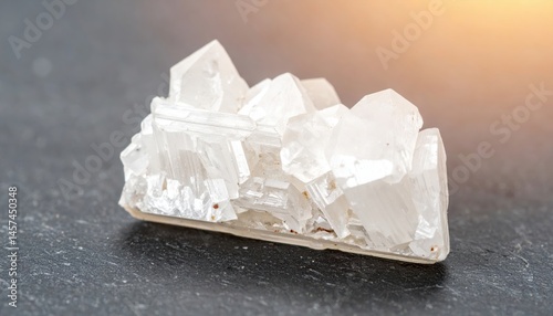 A sparkling selenite crystal displays its layered, translucent structure against a dark surface, evoking serenity and natural beauty.