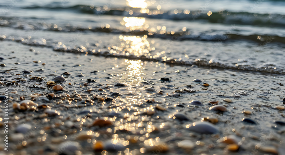 Sparkling Beach Scene With Seashells And Gentle Waves At Sunset Sparkling Beach Scene With Seashells And Gentle Waves At Sunset