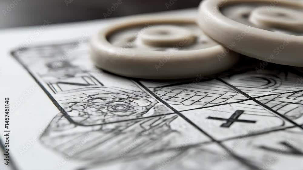 Close-up of tic-tac-toe game being played with pen and game pieces, strategy and competition concept. Intellectual recreation.