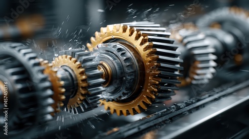 Mechanical system in motion with gears, cogs, and motors working together to transmit energy and power in an industrial setting